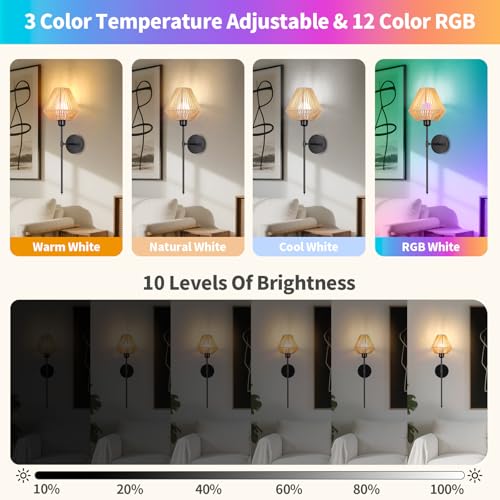 Image of Battery Operated Wall Sconces Set of 2,Rattan Rechargeable Wall Light Dimmable with Remote Control,15 Color Changing and Timer,Boho Black Gold Wall Lamps for Bedroom,Living Room
