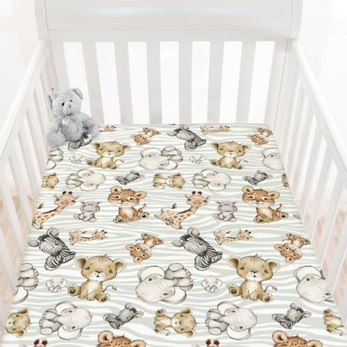 Image of HawSkgFub Safari Jungle African Animals Fitted Standard Baby Crib Sheet Boy Girl, Giraffe Lion Tiger Elephant Zebra Toddler Mattress Cover, Soft Stretchy Nursery Bed Sheets Decor Kids Gift 52” x 28”