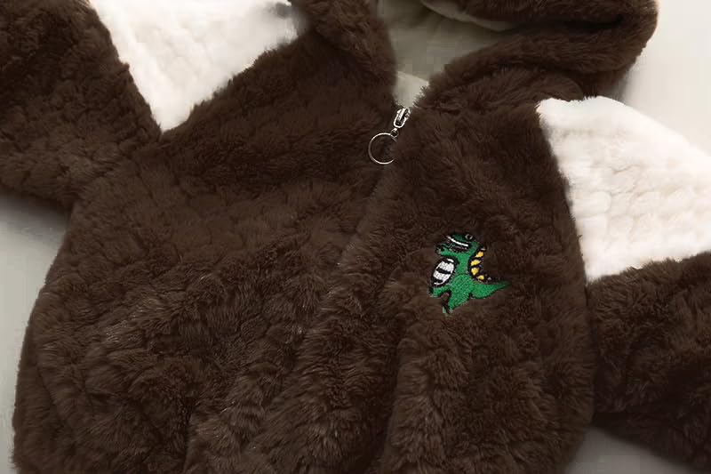 Bold N Elegant Kids Winter Warm Fur Dinosaur Zipper Hooded Jacket with Sling Bag Winter Party Outerwear for Boys n Girls (Dark Brown, 1-2 Years) 1