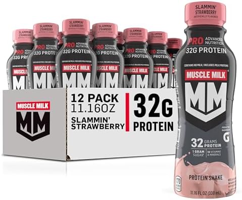 Muscle Milk Pro Advanced Nutrition Protein Shake, Slammin' Strawberry, 11.16 Fl Oz (Pack of 12), 32g Protein, 1g Sugar, 16 Vitamins & Minerals, 5g Fiber, Bottled Liquid, Gluten Free