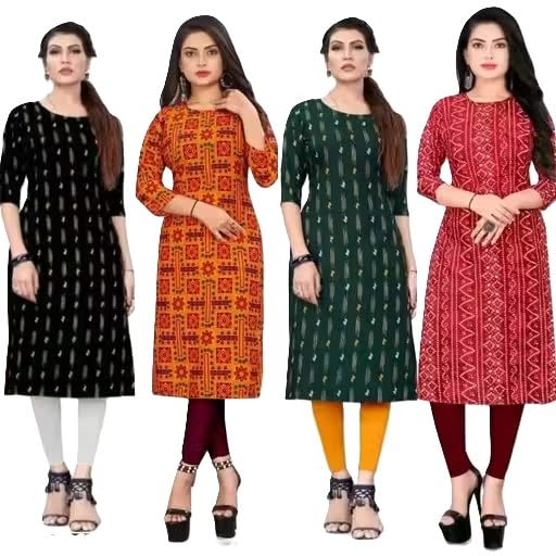 Image of Women's Printed Crepe Straight Kurti Collection, Indian Ethnic Wear, Multiple Colors, Casual Style, Regular Fit Pack of 4
