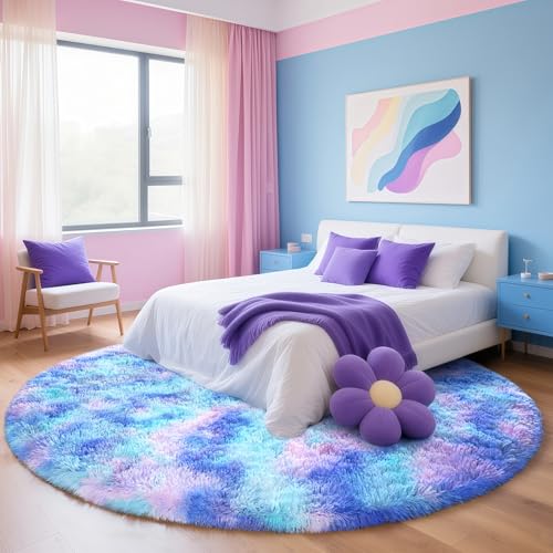 Rainbow Round Rug for Bedroom, 5Ft Fluffy Circle Area Rugs for Living Room, Shag Fuzzy Carpet for Kids Room, Nursery, Dorm, Classroom, Teen, Cute Baby Play Mat Home Decor Aesthetic, Blue