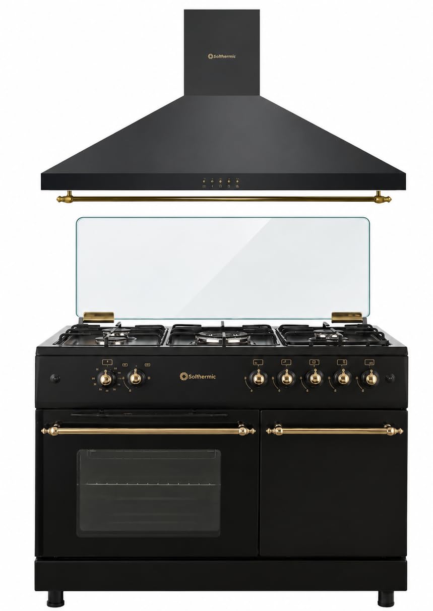 PACK COCINA A GAS F9LT50G2 PORTABOMBONA NEGRA RÚSTICA + CAMPANA DECORATIVA NEGRA RÚSTICA/ANCHO 90 CM/FUEGOS CON ENCENDIDO AUTOMATICO/HORNO 64 L.