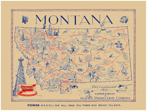 Montana Fish & Game Map Showing Various Indian Reservations, Rodeos, Cities, Towns, National Parks, Fishing Holes, Hunting Areas, etc. by Power Gasoline circa 1941 (Artist Paper, 12 x 16 inches)