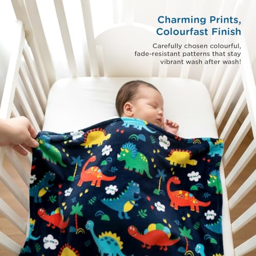 Image of Mee Mee Soft Single Layer Lightweight Flannel Baby Blanket with Dinasour Printed - Comfort and Warmth for Newborns (75 cm x 100 cm) 0-12 Months (Navy Blue)