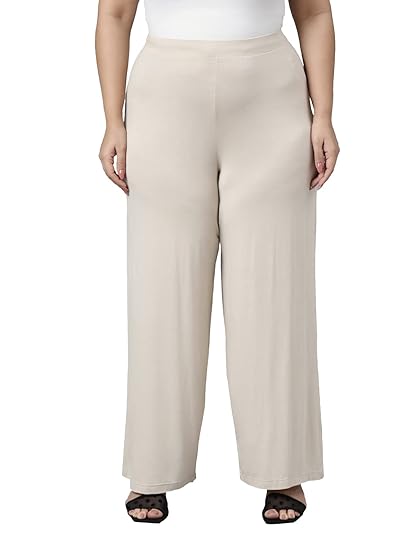 GO COLORS Women's Solid Mid Rise Relaxed Fit Knit Palazzo