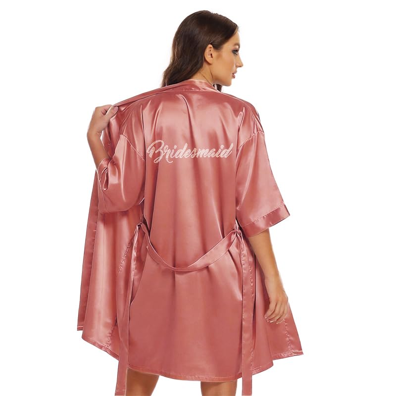 Image of Women's Bride Bridesmaid Robes Short Satin One Size Silver Rhinestones Wedding Party Getting Ready Sleepwear