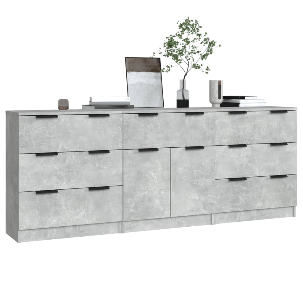 3-częściowy zestaw kredensów betonowo-szary materiał drewnopochodny z 3 szufladami każda 60 x 30 x 70 cm miejsce do przechowywania mebli kuchennych, salonu, komody uniwersalne, wytrzymałe i