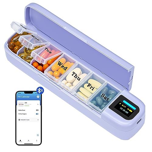 Daviky Smart Pill Organizer with Alarm, Bluetooth Daily Once a Day Pill Box 7 Day with APP, Weekly Travel Pill Case, Portable Pill Reminder for Medicines, Supplements and Vitamins(Purple)