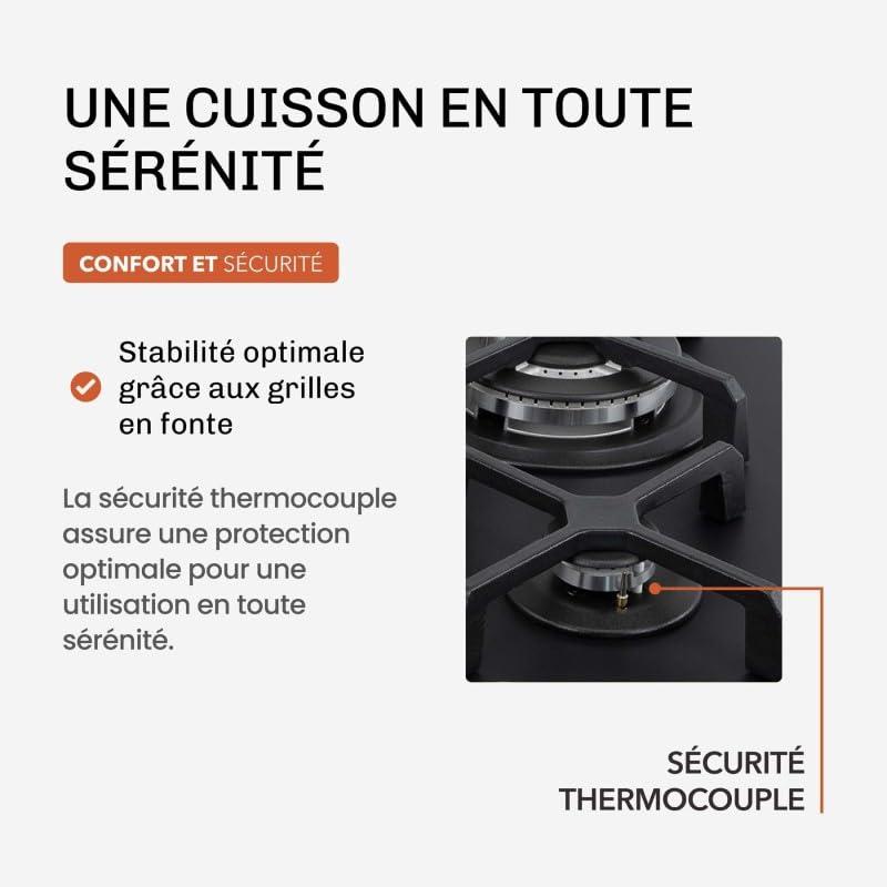 BELDEKO Plaque Gaz 4 Feux 8000W Noir Mat Grilles Fonte - Marque Française