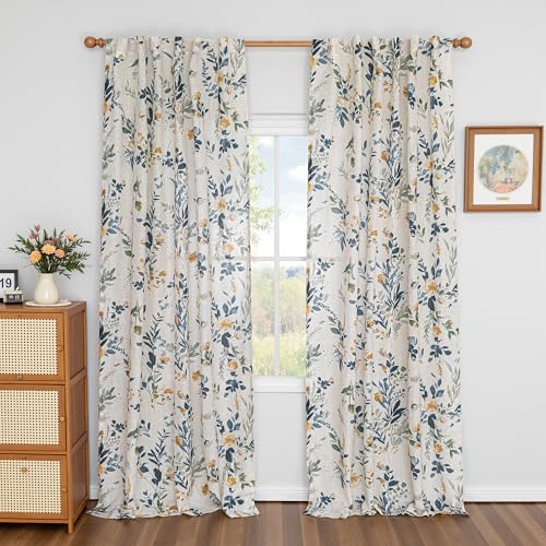 Image of MYSKY HOME Floral Linen Curtains 95 Inch Long 2 Panels Semi Sheer Cottage | Living /Dining Room Semi Sheer Light Filtering Farmhouse Flower Patterned Back Tab Drapes, Yellow and Blue, W50 inch Each Panel