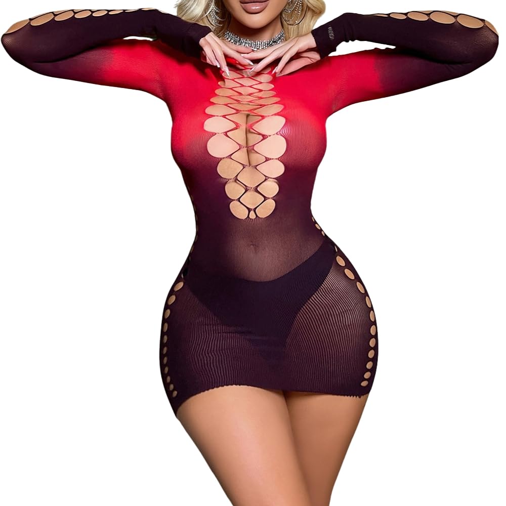 Fishnet Lingerie Rainbow Bodycon Dress Rave Outfit For Women Mesh Chemise Babydoll -BX19-image-29