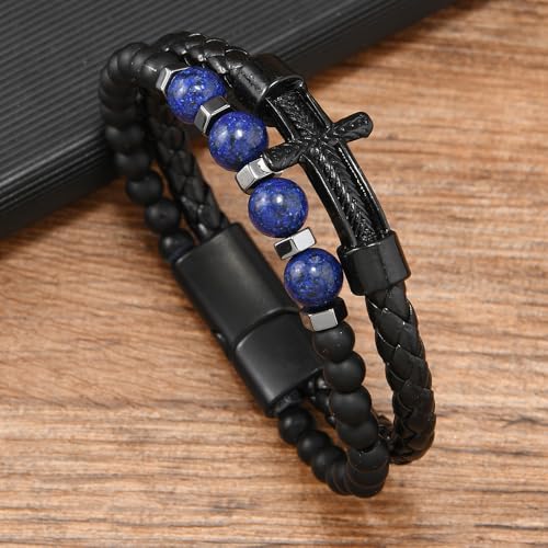 Black Mens Cross Bracelet,Multi-Layer Christian Cross Natural Tiger Eye/Turquoise/Lapis Lazuli/Grey Obsidian Beaded Braided Leather Bracelet Jewelry for Men Father with Stainless Steel Clasp2
