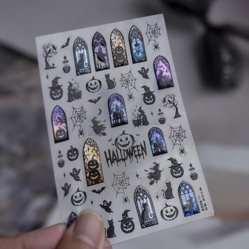 Image of Halloween Nail Stickers Black Cat Castle Nail Art Decal Frame Decorations