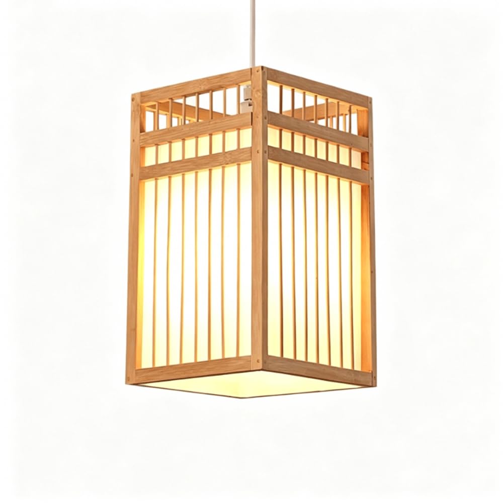 CHUNGYANG Natural Light Fixture Bamboo Square Pendant Light with Adjustable Suspension Line Wabi-Sabi Style Hanging Light for Restaurant Hotel Balcony Living Room Handwoven Bamboo Entryway Chandelier