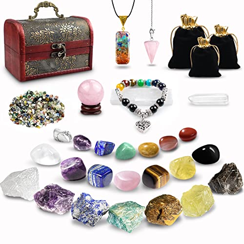 32 Stück Kristalle Steine Set,Kristall Heilsteine,Heilkristalle Edelsteine 7 Kristallen,14 Chakra-Stein und Crystal Halskette mit Stoffbeutel für Meditation,Adventskalender,Reiki,Energieausgleich