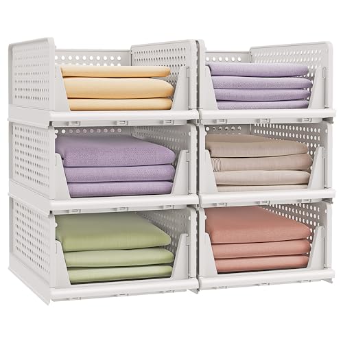 SONGMICS Organizador de Armario Plegable, Apilable, Cesta Extraíble, Juego de 6, Almacenamiento y Organización, Plástico, Dormitorio, Oficina, Baño, Blanco LPC600WZ01
