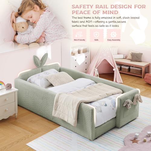Image of Twin Size Bed Frame for Kids, Upholstered Daybed Frame Floor Bed with Safety Rails and Storage Pocket Cute Rabbit Ear Shaped Headboard for Kids Teens Boys Girls, Green