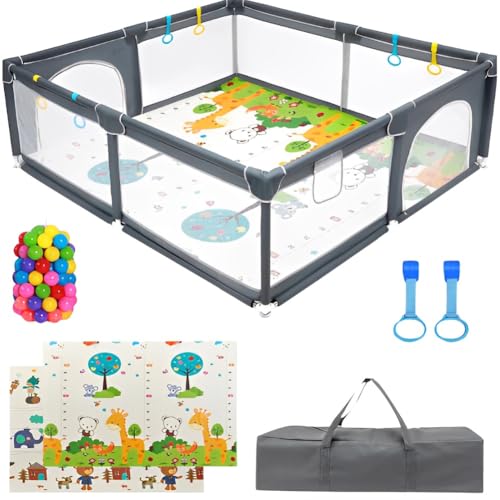 PICCASIO 180x150 Baby Playpen with Mat 2 Pull Rings & Balls Foldable Indoor & Outdoor Toddler Play Yard Activity Center with Soft Foam Bumpers & Breathable Mesh Sides