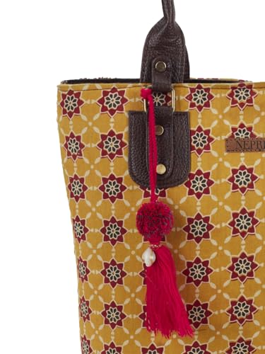 Image of NEPRI Office Pouch Tote Bag | Stylish Set of 2 Tote Bags for Women| Vegan Leather & Handblock Printed Fabric Handbag with Double Handle Shoulder Strap| Daily & Travel Use