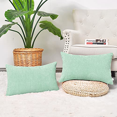 Image of CaliTime Pack of 2 Cozy Bolster Pillow Covers Cases for Couch Sofa Home Decoration Solid Dyed Soft Chenille 12 X 20 Inches Grayed Jade