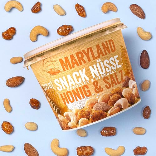 Maryland Snack Nüsse Honig & Salz 275g Becher Vorratspack - Erdnüsse, Cashewkerne und Mandeln in Nussmischung - Süß & salzig - wiederverschließbarer Becher (6 x 275g)