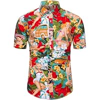 fohemr Funky Hawaiian Shirts for Men Short Sleeve Tropical Button Down Summer Beach Shirts Hula Girls Blue Small