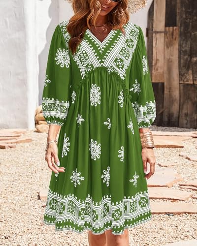 Image of BTFBM Women Casual Spring Summer Dresses V Neck 3 /4 Long Sleeve Ruffle Floral Flowy Boho Babydoll Mini Short Beach Dress