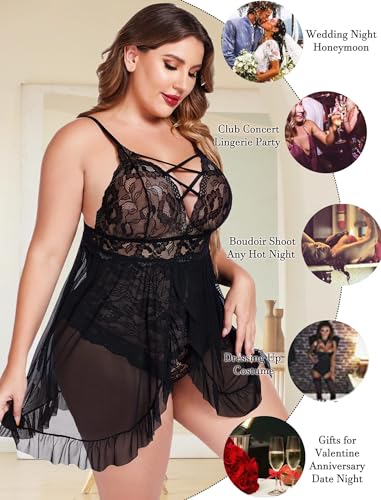 Image of SSoShHub Women's Plus Size Lingerie Beautiful Babydoll Snap Crotch Lace Chemise Ruffles Nightwear Bodysuit with Babydoll