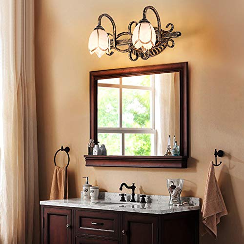 Image of LITFAD LED Wall Sconce Lighting Lotus Shade Bathroom Vanity Light Metal 2 Lights Vintage Style Rust-Proof Wall Light in Bronze for Bedroom Dresser