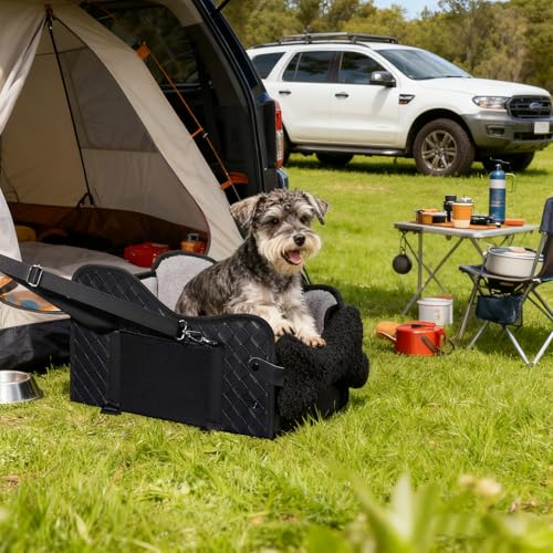 Hunde Autositz für kleine Hunde, Hundesitz Auto für Kleine bis Mittlere Hunde, Rutschfester Hundeautositz mit Sicherheitsgurt,Waschbar, Weiches Hundekissen mit Seitentaschen Schwarz