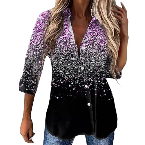 Hefiauo Ofertas Camiseta Lentejuelas Mujer con Manga 3/4 con Botones Cuello V Barato Camisetas de Mujer Talla Grande Blusa Brillante Primavera Ropa de Club Tops para Discoteca Cóctel Fiesta Túnicas