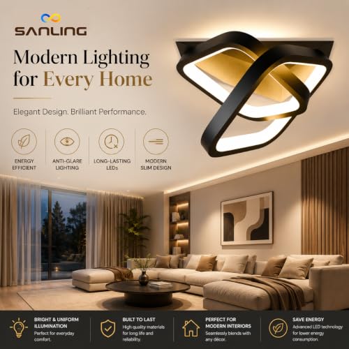 Image of 50W LED Ceiling Light, Square Chandelier Ceiling Lamp, 3 Color Modes Warm /Natural /Cool White, CRI 97 Anti-Glare Eye Protection Light for Bedroom, Living Room, Hall, Dining Room, Office, Black
