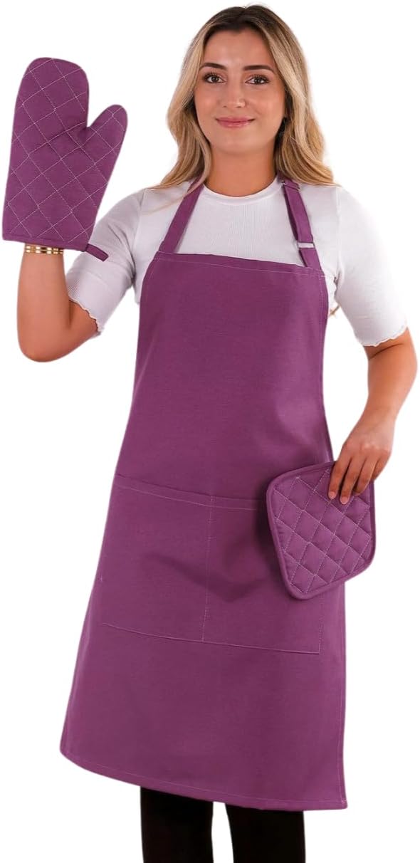 Apron Set 3 pcs; Aprons For Women With Pockets, Oven Mitts and Pot Holders Sets Heat Resistant, Aprons For Men, As Chef Apron