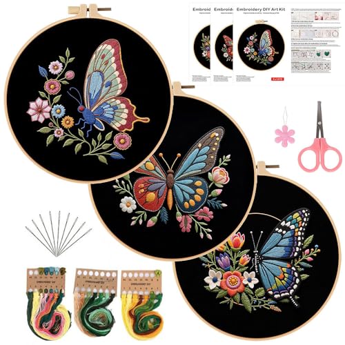 Image of Konrisa Flower Butterfly Embroidery Kits for Adults, Stamped Embroidery Starter Kit with Hoop,DIY Sewing Needlepoint Cross Stitch Kit, Set of 3