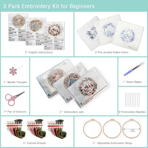Image of AEDNX 3PC Beginner Embroidery Kits, DIY Cross Stitch Kit for Adults, Includes 3 Embroidery Hoops, Detailed Instructions, and Accessories