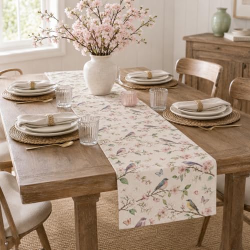 Image of Vintage Botanical Birds Table Runner, Watercolor Floral Bird Butterfly Linen, Spring Garden Dining Decor for French Country Kitchen 13x36 Inch