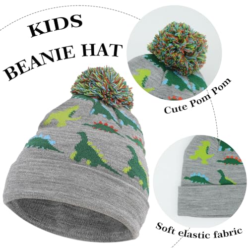 Image of NATUST Kids Winter Hat Gloves Scarf 3 Piece Set Stocking Caps Toddlers Dinosaur Pom Pom Beanie Children Knitted Warm Set