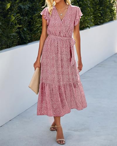 Image of BTFBM Women Summer Bohemian Floral Casual Wrap V Neck Ruffle Cap Sleeveless Belt A-Line Pleated Hem Midi Sun Dress White