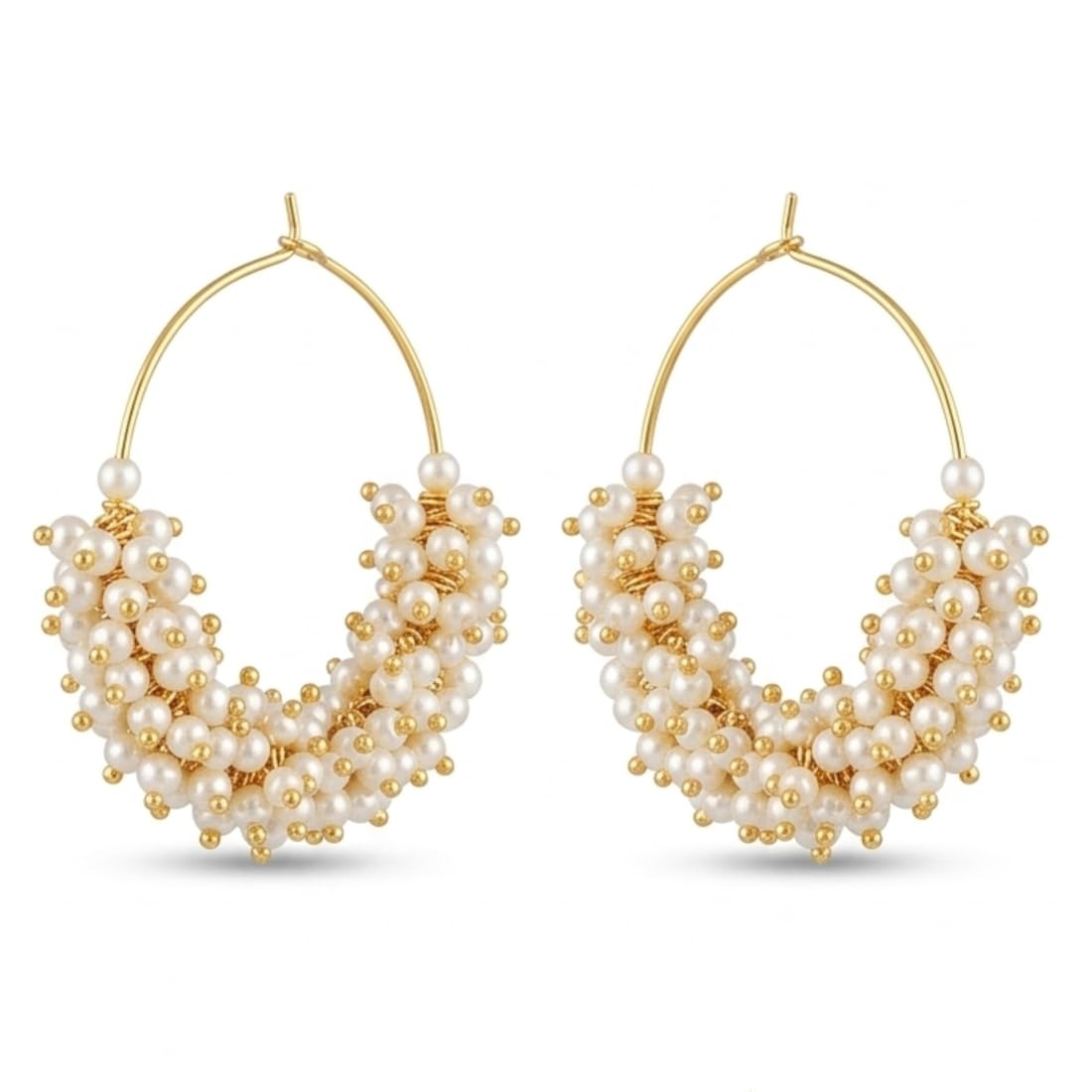 Gold Beaded Hoop Earrings for Women – Handmade White Faux Pearl Bali Hoops – Delicate Bohemian Statement Earrings – Traditional Indian Ethnic Jewelry for Everyday, Weddings, or Gifts-image-38