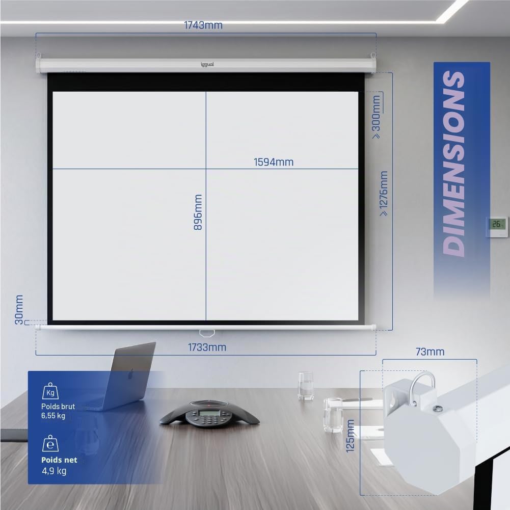 iggual Écran de Projection 72 Pouces - Enroulable Manuel Panoramique - Format 16:9 - Angle de Vision 180° - Hauteur Réglable - Adapté Mur/Plafond - Compatible 4K et Tout Projecteur, (159x89 cm)