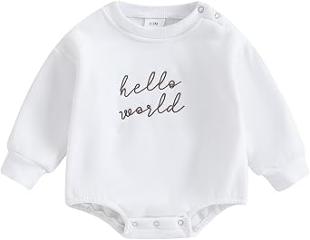 Newborn Coming Home Outfit Hello World Fleece Sweatshirt Romper Long Sleeve Onesie New Girl Boy Clothes 0-6 Months White, 0-3 Months