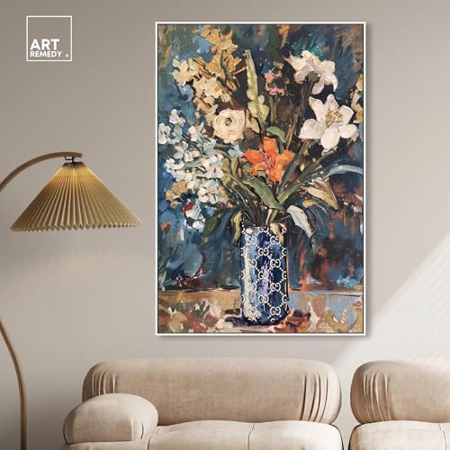 Image of Art Remedy Blue Floral Vase Canvas Floral Vase Wall Art, White Frame, 36 inch x 54 inch