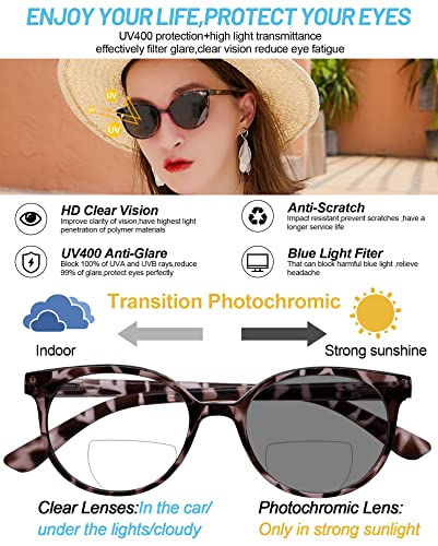 Image of OCCI CHIARI Photochromic Bifocal Reading Glasses Womens Round Blue Light Blocking Readers 1.0 1.5 2.0 2.5 3.0 3.5 4.0 (Tortoise +100)