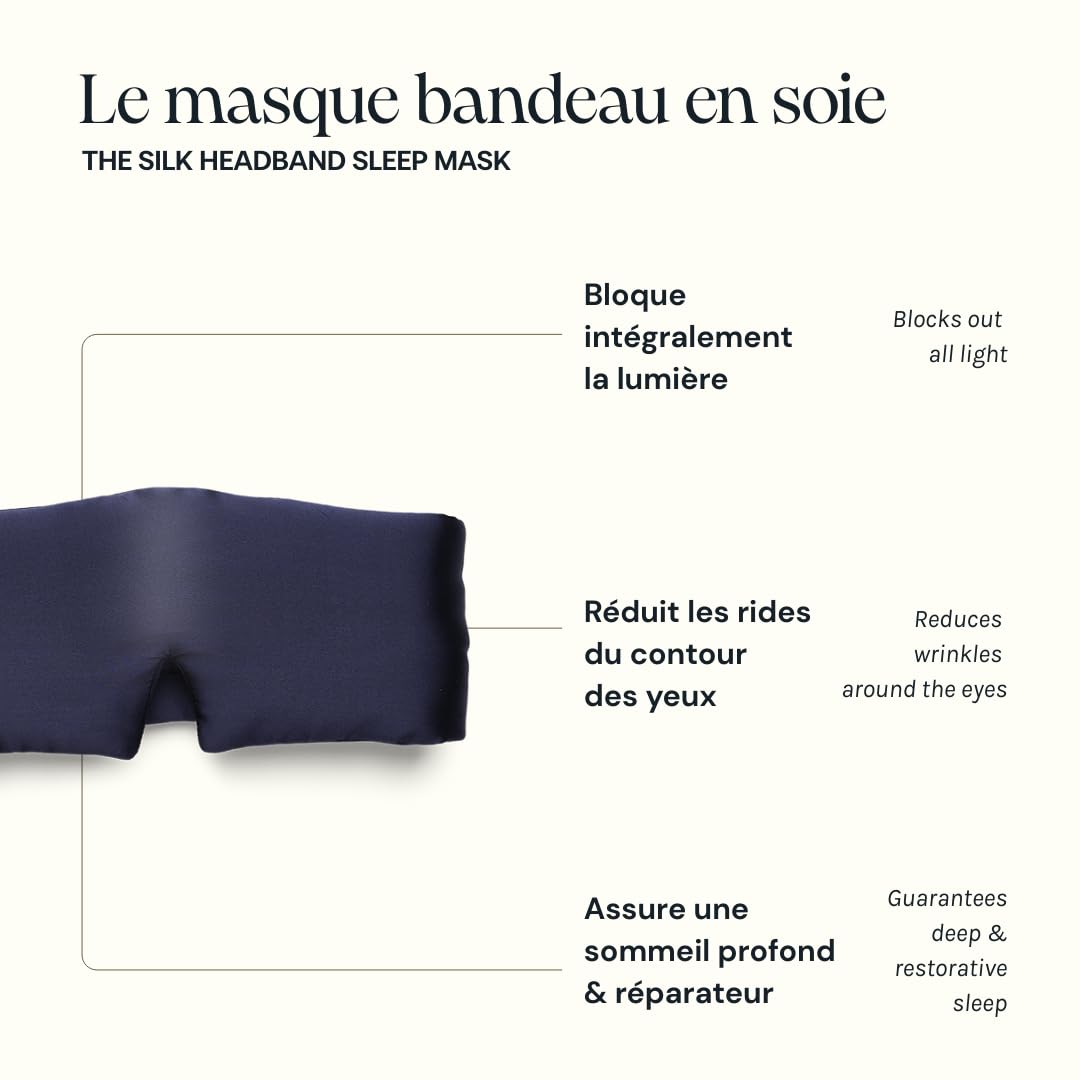 Emily's Pillow - Masque de Nuit Bandeau en Pure Soie de Mûrier Biologique - Fabriqué à la main - 19 Momme - Qualité Supérieure Grade 6A - Bleu Nuit - 100% Ajustable - 70 cm