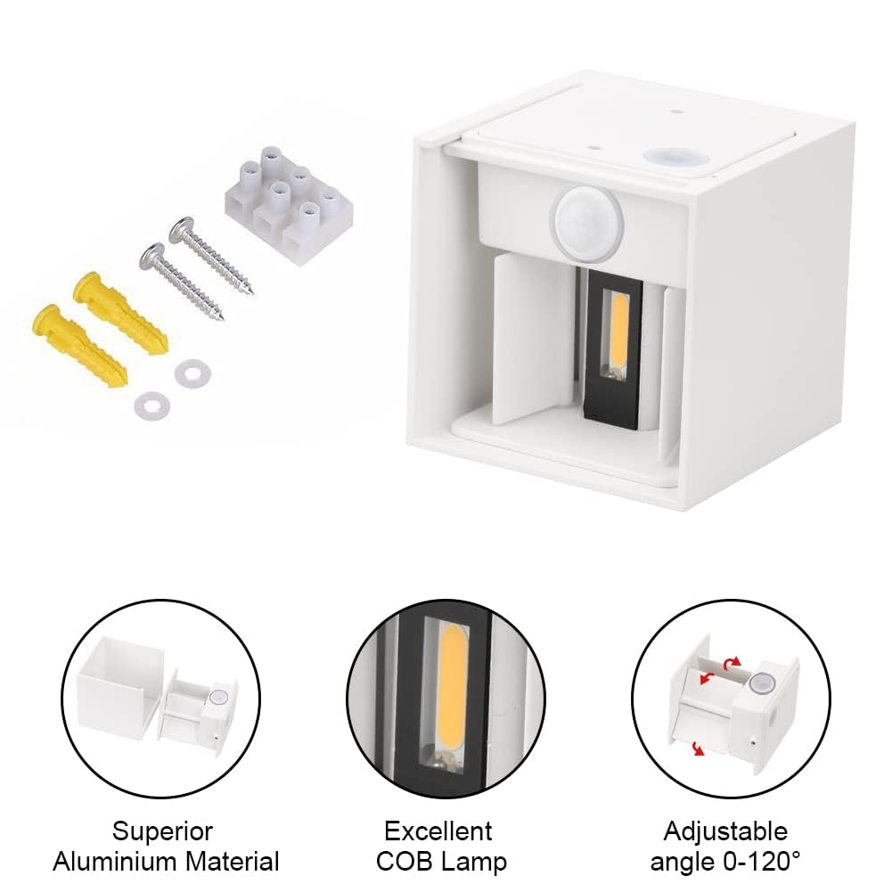 Klighten Aplique de pared con sensor de movimiento, 12W Aplique pared exterior/interior con haz de luz ajustable, 3000K blanco cálido, Lámparas de pared Ip65 con sensor, Blanco