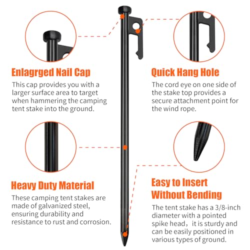 Image of Eurmax USA 8-Pack Secure Protection Galvanized Tent Stakes,Rust-Proof Steel Canopy Anchors for High Winds,Heavy Duty Commercial Ground Pegs for Camping,Pop Up Tent&Gazebo - Includes 4x10ft Ropes,Black