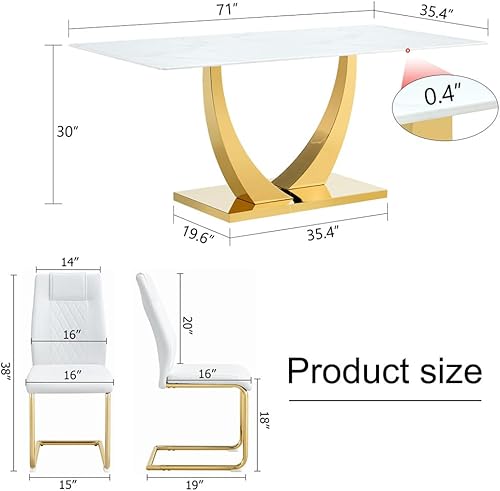 Miniatura 3 de Juego de mesa de comedor de mármol sintético blanco de 71 pulgadas para 6, juego de mesa de comedor y sillas de comedor, mesa de comedor moderna con