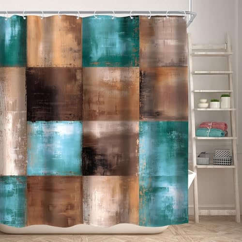 Brown Teal Abstract Rustic Farmhouse Modern Bathroom Shower Curtain Set by KOMLLEX - Used condition - Image 2