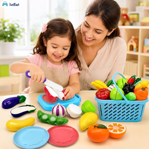 Image of FunBlast Fruits and Vegetables Play Set Toys, Realistic Sliceable Cutting Pretend Play Kitchen Toys for Kids, Play Food Toys, Fruit Vegetable Toys, Chopping Board with Knife and Basket (16 Pieces)